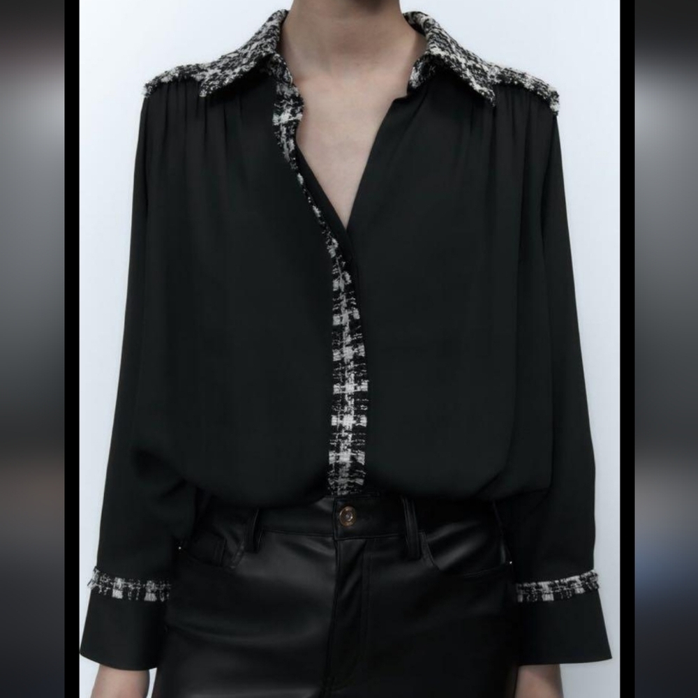 Zara Black Blouse with Tweed Trim